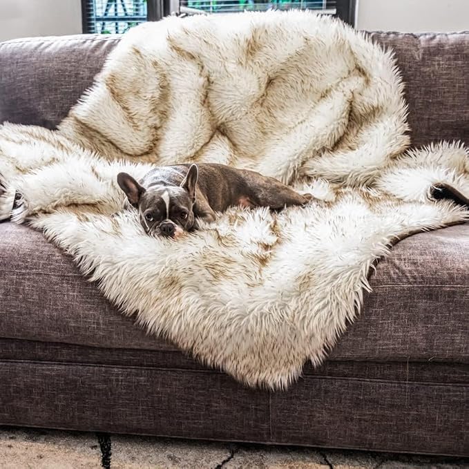 PupProtector Waterproof Throw Blanket for Dogs and Cats, Pet Blanket Cover for Couches, Sofas, Beds, Car Seats, Furniture, Calming Soft Faux Fur, White with Brown Accents, Large (80" L x 62" W) - Image 2