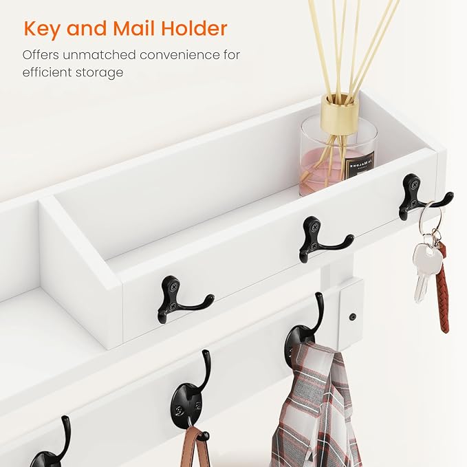 Homode Coat Rack Wall Mount with Hooks and Mail Holder | Entryway Floating Shelf with Key Hooks, Hanging Coat Hanger for Entry, Bathroom, Hallway, Bedroom, White - Image 4