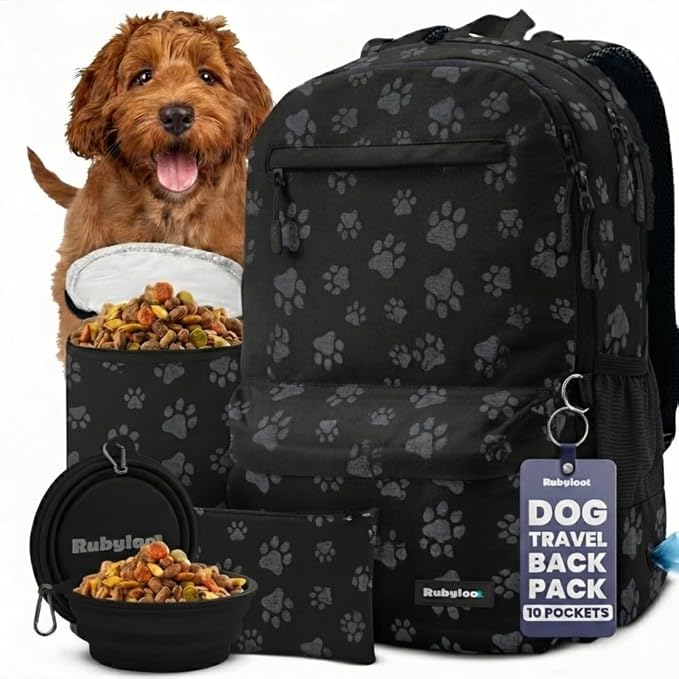 Rubyloo Dog Travel Backpack for Supplies - Dog Diaper Bag with Travel Bowls | 2 BPA-Free Bowls; Food Container & Treat Pouch; Placemat; Laptop Sleeve; Poop Bag Dispenser, Hiking, Camping & Road Trips, by Rubyloo