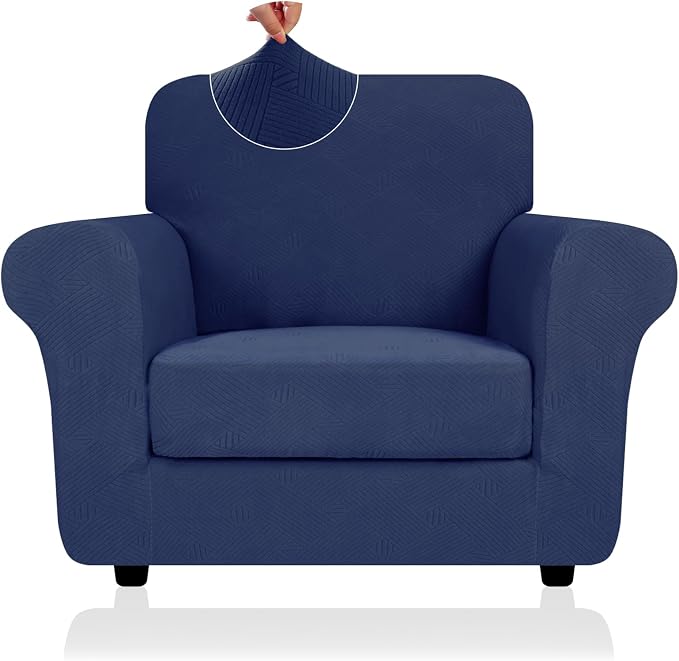 ZNSAYOTX 2 Piece Stretch Chair Covers (31"-46"), Thick Striped Armchair Slipcover with Elastic Band Bottom Ties Non-Slip Stay in Place, Soft Durable Arm Chair Covers for Living Room, Navy Blue by ZNSAYOTX