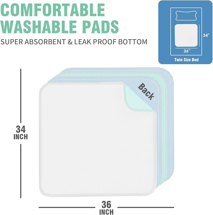 SCLOSE Washable Pee Pads for Dogs 4 Pack, 34" x 36" Waterproof Incontinence Bed Pads for Adults, Elderly and Kids, Nursing Pads, Chucks Pads, Super Asorbent Training Pads, Whelping Pads, Blue & Green - Image 7