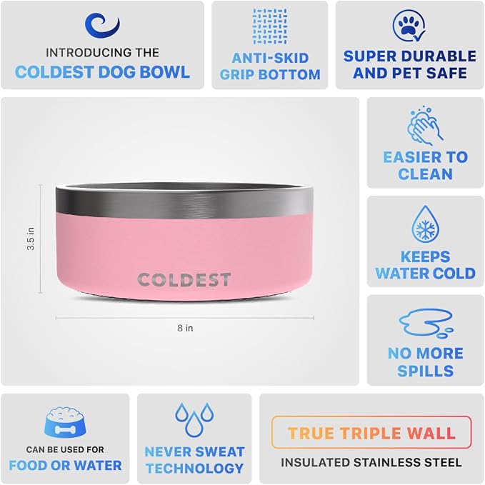 Coldest Dog Bowl - Anti Rust Metal, Non Slip, 3 Layers Insulated Stainless Steel Dog Bowls - Spill Proof & Heavy Duty - Water Bowl for Dogs, Cats & Pets, Dish Washer Safe (64 oz,Cotton Candy Pink) - Image 5