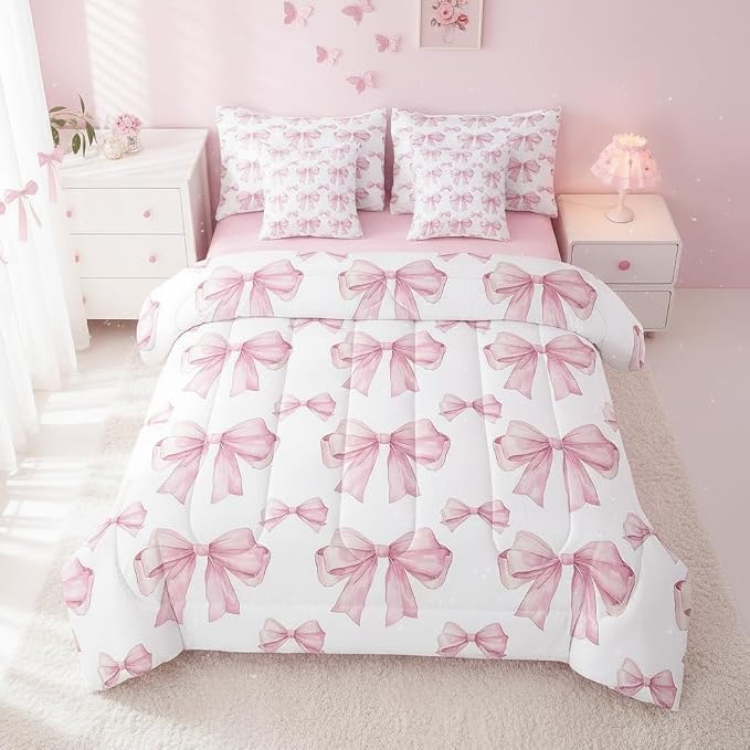 Erosebridal 7 Piece Pink Bowknot Kids Comforter Set Queen Bed in a Bag,Dreamy Princess Style Kids Girls Bedding Set for Women,Girly Bow Tie Bed Set,Romantic Valentine's Day Sheet Set Reversible Quilt by Erosebridal