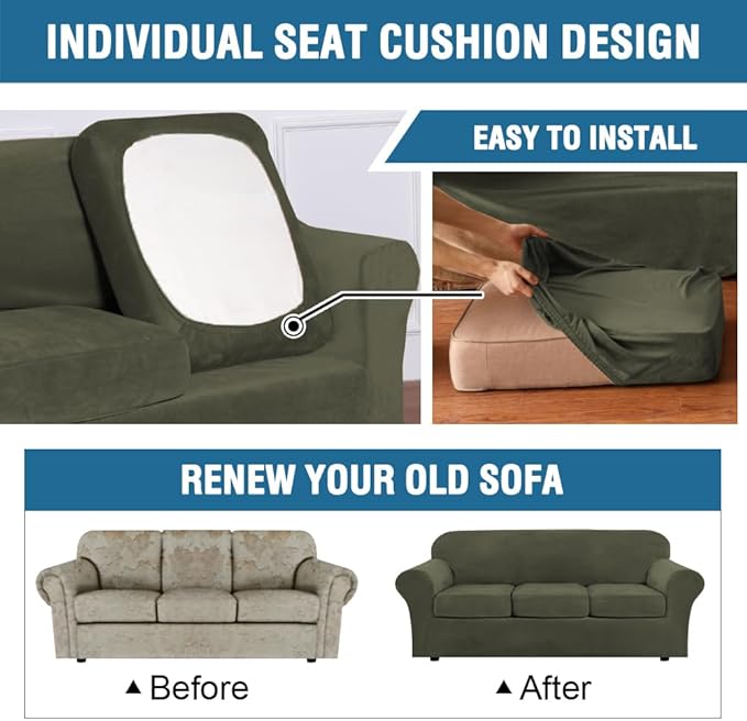 H.VERSAILTEX Rich Velvet Stretch 2 Piece Cover Chair Slipcover Sofa Cover Furniture Protector Couch Soft with Elastic Bottom Chair Couch Cover Width Up to 49 Inch (Chair, Olive) - Image 6