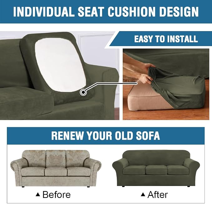 H.VERSAILTEX Modern Velvet Plush 4 Piece High Stretch Sofa Slipcover Sofa Cover Furniture Protector Form Fit Thick Velvet Sofa Cover for 3 Cushion Couch Width Up to 90 Inch (Sofa, Olive) - Image 6