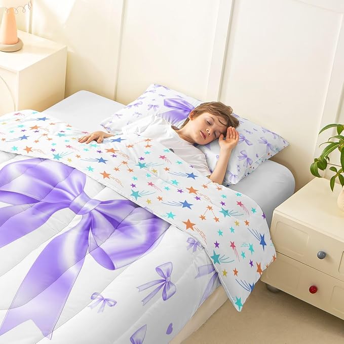 Manfei Purple Bowknot Twin Size Comforter Set,Cute Preppy Ribbon Bow Duvet Set Soft Bed Collection,Preppy Trendy Kawaii Coquette Bedding Comforter for Boys Girls Bedroom,2 Pcs - Image 5