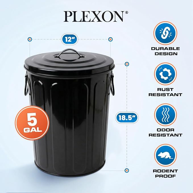 Plexon 5 Gallon Small Metal Trash Can with Lid Outdoor Galvanized Steel Bucket with Lid 5 Gal Storage Can for Dog Food Bird Seed Storage Container, Black - Image 6