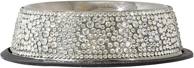 Strass Pet Bowl, Sparkling Rhinestones on Stainless Steel, Non-Slip Base, for Cats, Dogs, Other Pets, Food and Water, Silver, Small, Sold Individually by SparklesHome