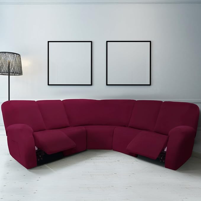 Peryiter 7 Pcs L Shape Sectional Recliner Sofa Covers 5 Seat Sectional Couch Covers Milk Silk Velvet Stretch Reclining Sofa Slipcover Furniture Protector for Living Room(Wine Red,Milk Silk) - Image 2