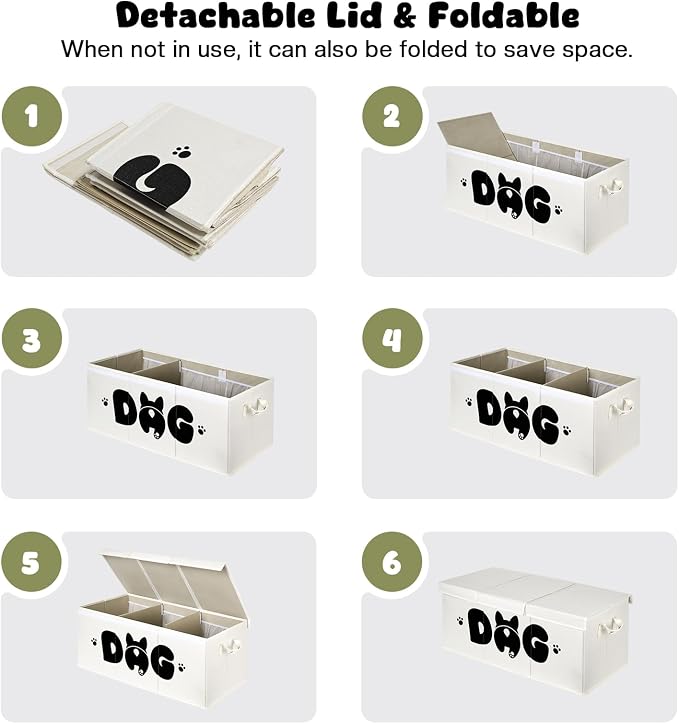 Dog Toy Basket with Lid, 3 Compartments Dog Basket for Toys, Dog Toy Box with 2 Removable Dividers, Collapsible Storage Bins for Dog Toys, Dog Storage Organizer, Beige - Image 7