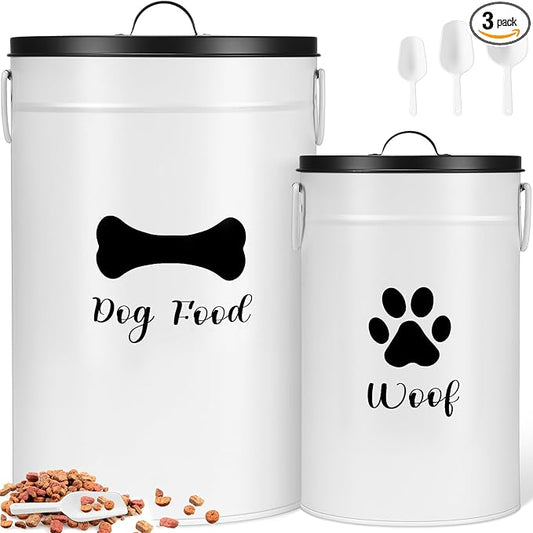 DoubleFill Extra Large 30+14 lb Metal Dog Food Storage Containers Set of 2 Airtight Dog Treat Snack Jars with Lids and Spoon Farm House Style Big Pet Cookie Storage Bin for Kitchen Counter Gift by DoubleFill