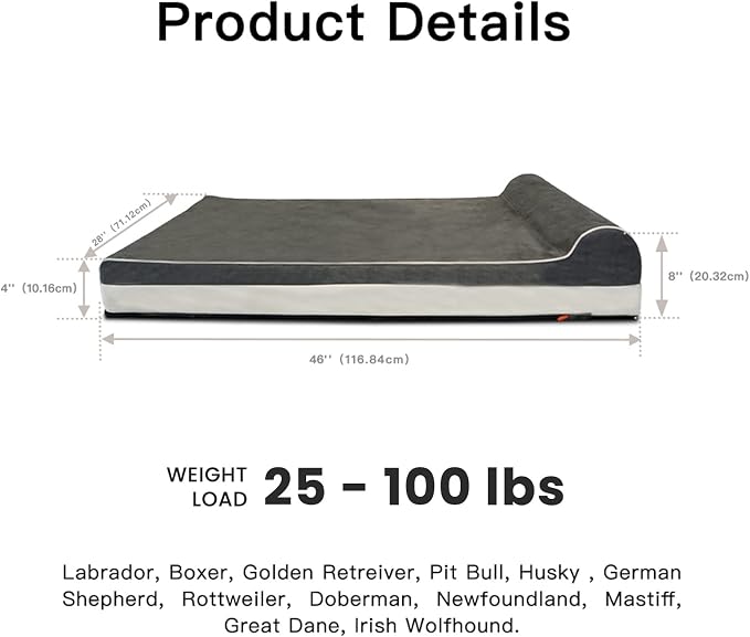 Laifug Orthopedic Dog Beds for Large Dogs,4.5" Memory Foam Dog Beds,Durable Water Proof Liner Removable and Washable, Nonskid Bottom, Grey 46"x28"x8" - Image 2