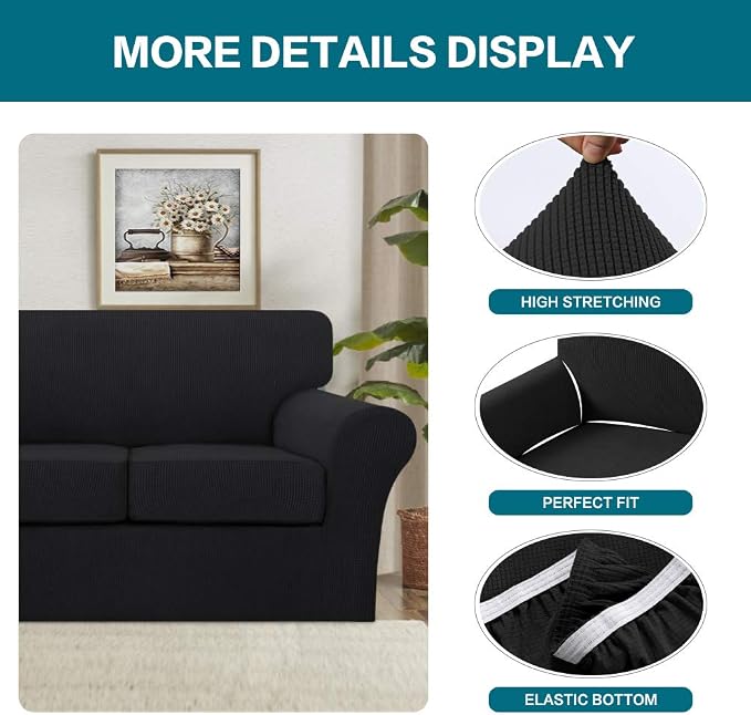 Turquoize 3 Piece Sofa Covers For 2 Cushion Couch Sofa Slipcover Soft Couch Cover For Dogs-Washable Sofa Furniture Covers With 2 Individual Cushion Covers, Feature Thick Fabric (2 Cushion Sofa, Black) - Image 4