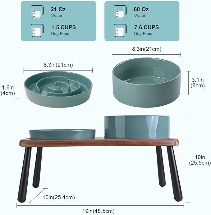 SPUNKYJUNKY Ceramic Elevated Dog Bowls with Slow Feeder Raised Acacia Bamboo Wooden Stand, 8.3'' Dog Food Water Bowls Set Non-Slip for Medium Large Sized Breed Microwave Dishwasher Safe - Dark Green - Image 2