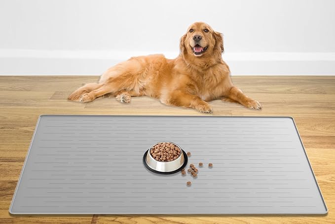48" x 32" Largest Pet Food Mat, XXXL Silicone Dog Mats for Food and Water, Nonslip Pet Feeding Mats for Floors,Dog Cat Bowl Mat with Raised Edges, Gray White by WelcometoULTIBE