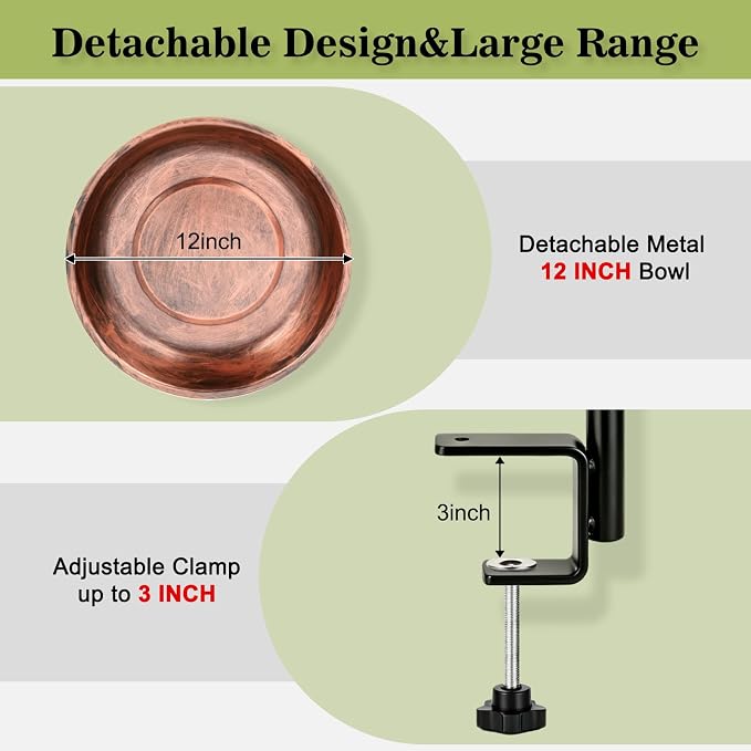 Gtongoko Deck Mounted Metal Bird Bath for Outside, 12 Inch Dia Weather-Resistant Birdbath Bowl for Balcony Fence Railing with Adjustable Clamp Outdoors - Image 4