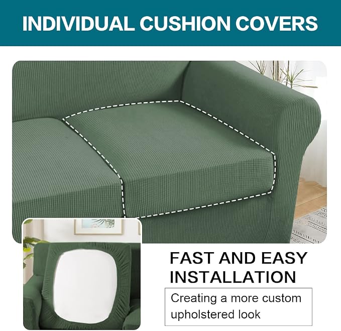 Turquoize 3 Piece Sofa Covers for 2 Cushion Couch Sofa Slipcover Soft Couch Cover for Dogs-Washable Sofa Furniture Covers with 2 Individual Cushion Covers, Jacquard Fabric (Loveseat, Loden Frost) - Image 5