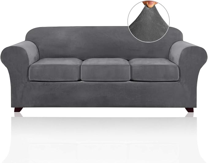 PrinceDeco Velvet Couch Covers for Sofa Soft 4 Pieces Couch Covers for 3 Cushion Couch Sofa Pet Friendly Furniture Protector with Non Slip Elastic Bottom Width Up to 90 Inch (Large, Grey) by PrinceDeco
