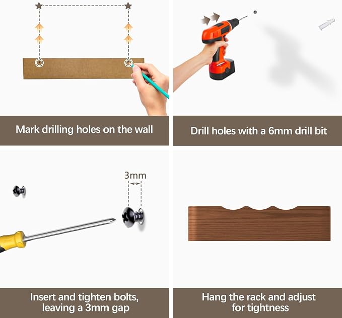 Coat Rack Wall Mount with Hidden Hooks, Wall Hooks with Shelf, Wall Key Holder Mount Wooden Shelf Entryway Hooks for Bedroom Bathroom for Hanging Coats Hats Bags Towels (Walnut Wave-Shape, 4 Hooks) - Image 6