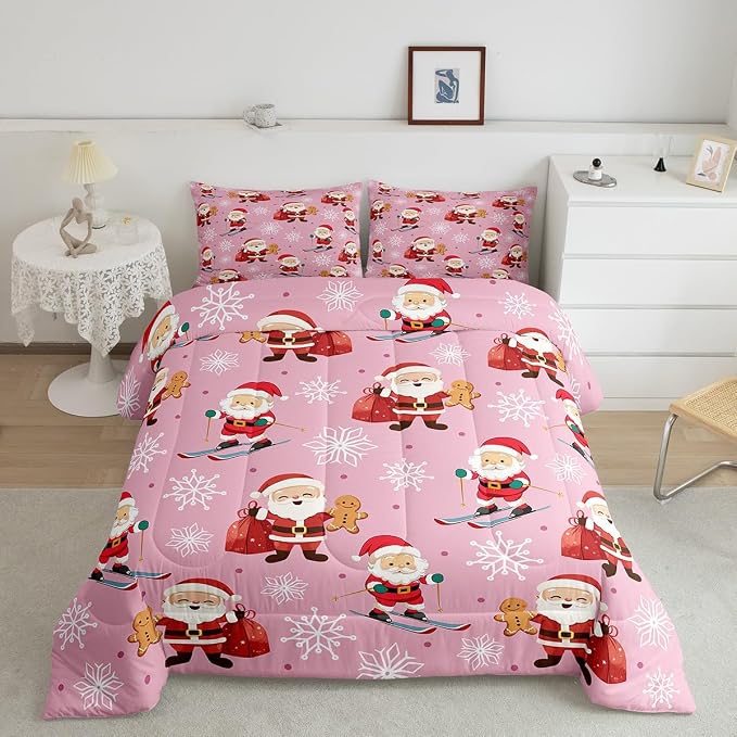 Erosebridal 7Pcs Cute Santa Claus Comforter Set Twin Size,Xmas Gingerbread Bedding Set for Kids Boys Girls,Christmas Snowboard Snowflake Bed in A Bag,Pink Christmas Quilt with Flat Fitted Sheet - Image 2
