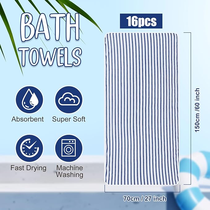SmoothNovelty 16 Pack Microfiber Bath Towels Bulk 27'' x 60'' Oversized Size Bath Towel Highly Absorbent Extra Large Soft Drying for Beach Shower Summer Salon Sport Gym Party (Navy Blue,Stripes) - Image 2
