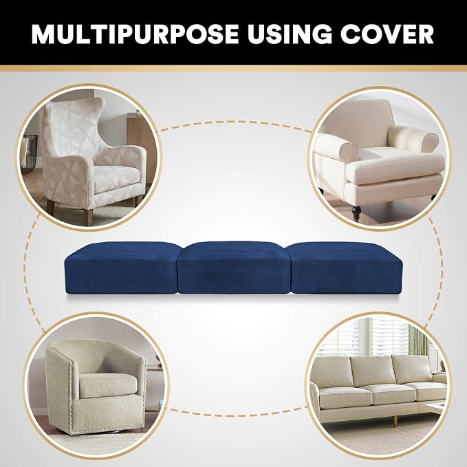 PrinceDeco Couch Cushion Covers, Stretch Washable Sofa Cushion Cover, Fitted Sofa Slipcover Velvet Fabric Non-Slip Furniture Protector for Dog,Pets, Kid (Each Width Up to 29.5", Navy) - Image 6