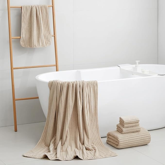 6 Piece Bath Towel Set, 40"x80" Oversized Bath Sheets, Beige | Microfiber, Quick Dry, Highly Absorbent, Towels for Bathroom, 2 Extra Large Bath Towels, 2 Soft Hand Towels, 2 Washcloths - Image 2