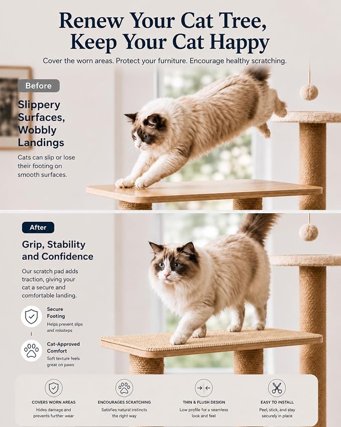 Corner & Wall Cat Scratch Mat (Beige, 23.6''x11.8'', 10-Pack), Self-Adhesive Trimmable Cat Scratcher, Wall Mounted Scratching Pad for Indoor Cats, Sofa Furniture Protector, Cat Post Cover Replacement - Image 4