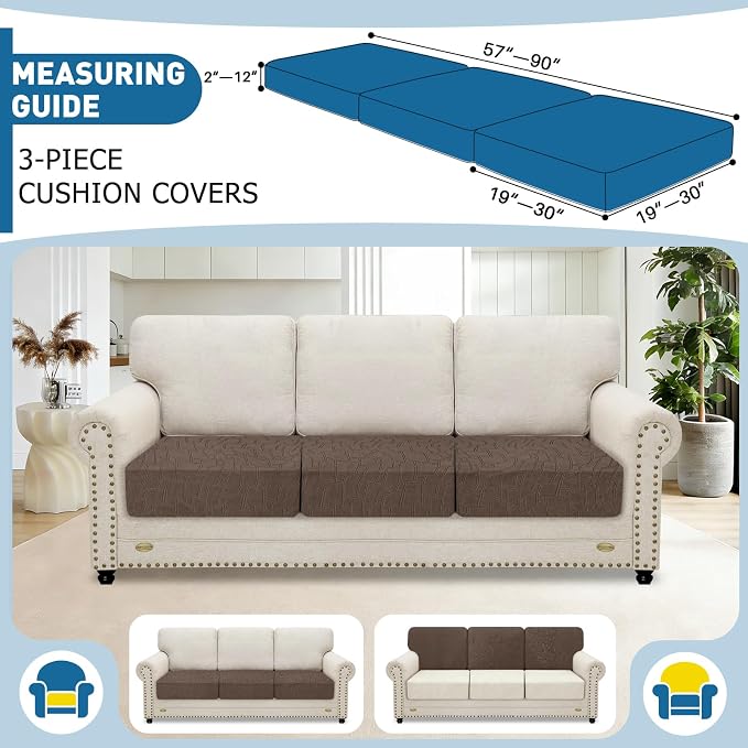 MAXIJIN Waterproof Couch Cushion Covers Individual Sofa Seat Cushion Cover Stretch Sectional Sofa Slipcovers with Elastic Bottom for Dogs Pets (3 Pieces for Seat or Backrest, Coffee) - Image 2