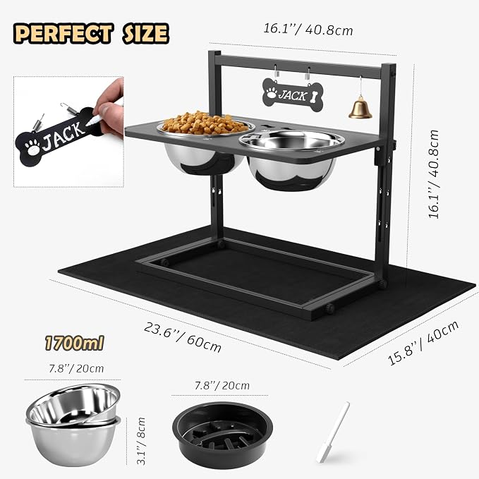 Elevated Dog Bowls with Slow Feeder and Spill Proof Mat, Adjustable Height 4.3-11.8'', Two 1.7L Stainless Steel Food & Water Bowls, Metal Raised Dog Bowl Stand, for Large Medium Breeds - Image 3