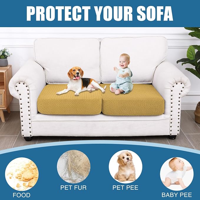 Smiry Waterproof Couch Cushion Covers, Non Slip Seat Cushion Covers | Stretch Jacquard Sectional Sofa Slipcover, Washable Elastic Furniture Protector for Pets, Kid, 2 Pieces, Ginder Yellow - Image 5