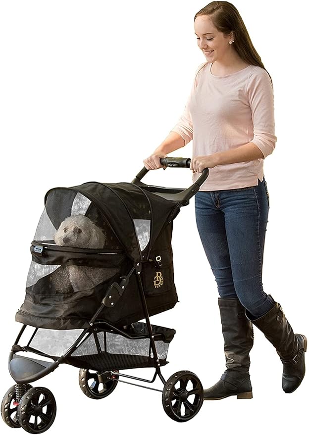 Pet Gear No-Zip Special Edition 3 Wheel Pet Stroller for Cats/Dogs, Zipperless Entry, Easy One-Hand Fold, Removable Liner, Cup Holder, Gold Monogram