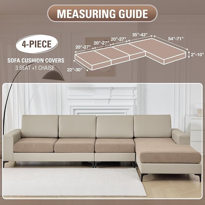 Couch Cushion Covers for Sectional Sofa Stretch Sofa Slipcovers Washable Wear-Resistant Sectional Couch Covers L Shaped Seats Furniture Protectors for Pets(Khaki, 3 Seater+1 Chaise) - Image 2