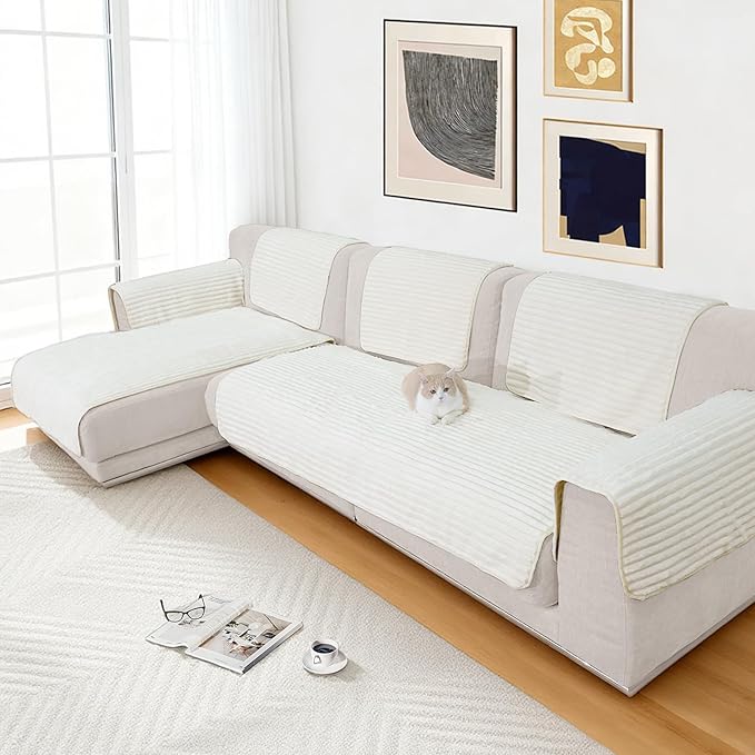 NAISI Couch Covers for Dogs Waterproof Flannel Striped Sofa Cover Pet Friendly Washable Dog Mat for Couch Anti Slip Sectional Sofa Slipcover Protector(2pcs/35"x63"+35"x70",Cream) - Image 4