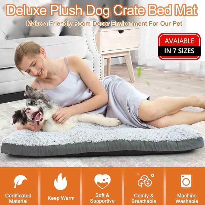 POCBLUE Deluxe Washable XL Dog Bed Dog Crate Mat 41 inch Comfy Fluffy Kennel Pad Anti-Slip for Dogs Up to 90 lbs, 41" x 27", Grey - Image 2