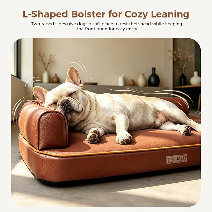 Outdoor Waterproof Dog Bed for Small Dogs, Egg Crate Foam Crate Pad with Raised Bolster, Removable Washable Leather-Look Cover, Non-Slip Bottom, Brown, for Dogs Up to 20 in. Long - Image 4
