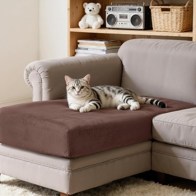CHUN YI Velvet Couch Cushion Covers, 3 PC Water Resistant Sectional Couch Covers for L Shape Sofa, Individual Seat Cushion Protector for Pets (2 Seater + 1 Chaise, Brown) - Image 5
