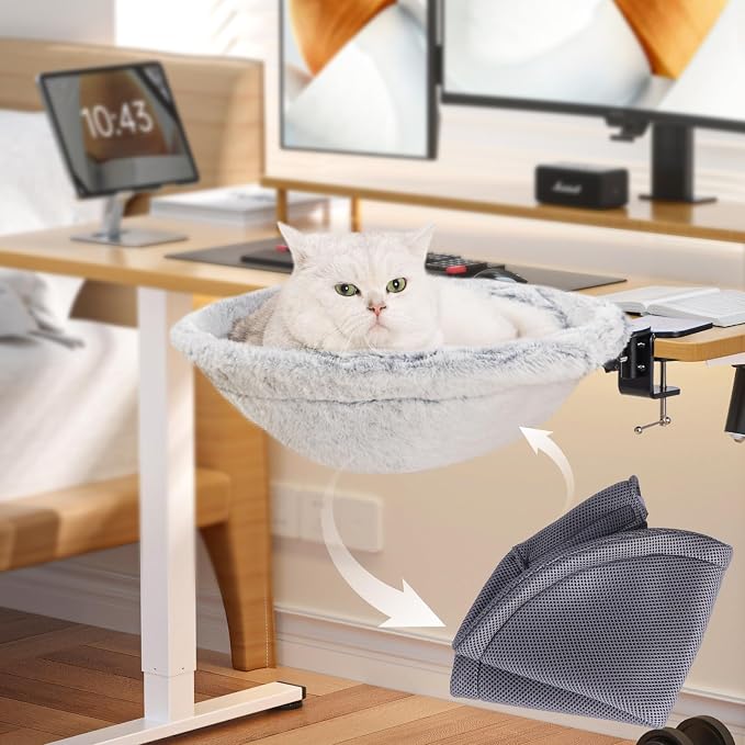 Uross Cat Desk Bed - 180° Rotating Soft & Comfortable Rabbit Fur Bed, Modern Indoor Cat Nest Furniture for Office Desks and Game Tables, Island Table-Supports 50 lbs-(Lightgrey) - Image 8