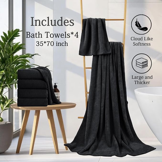 Black Bath Towels Set 35x70 Inches - Luxury 600 GSM Oversized Bath Sheet Towel,Extra Large Microfiber - Quick Dry,Highly Absorbent,Super Soft Shower Towels Spa Hotel Bathroom Towel Set (4-Pack) - Image 6