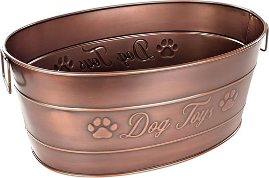 BREKX Copper Metal Dog Toy Storage Bin, Indestructible, Large | Toy, Blanket & Leash Organization • Carrying Handles by BREKX