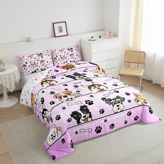 Manfei Cartoon Dog Bedding Set for Boys Girls,Paw Bone Print Light Purple All Season Cozy Comforter Set Full Size,Lovely Pup Pet Animals Lover Duvet Set Bedroom Decor,Personalized Birthday Gifts - Image 4