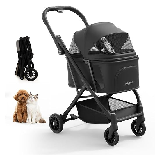 Foldable Dog Stroller for Small Dogs & Cats Portable Compact Pet Stroller Up to 35lbs Medium Pets One Click Folding Large Cat Carriage with Convertible Canopy Storage Basket - Black