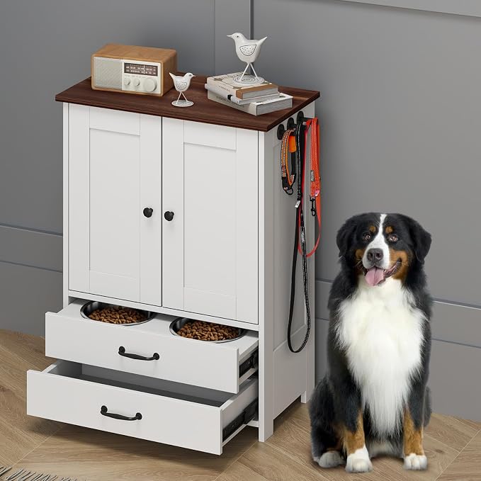 Rovibek Dog Feeding Station with Storage Cabinet - Elevated Dog Bowls with Storage Drawers, Pet Storage Cabinet with Leash Hooks, Pet Organizers for Food & Supplies by Rovibek