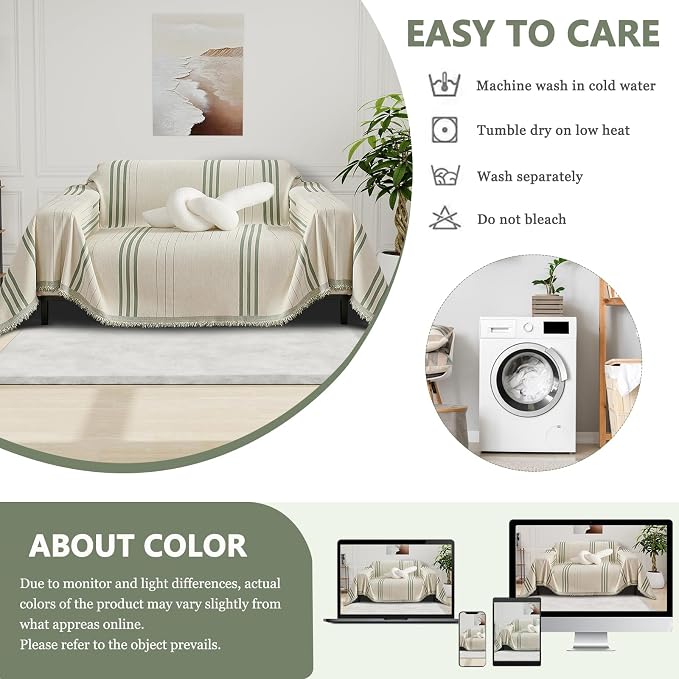 DREAMINGO Chenille Armchair Cover Jacquard Sofa Covers Washable Furniture Protector Recliner Couch Cover 1 Cushion Reversible Chair Cover Beige Green Striped Couch Cover Blanket 71"x 71" - Image 6