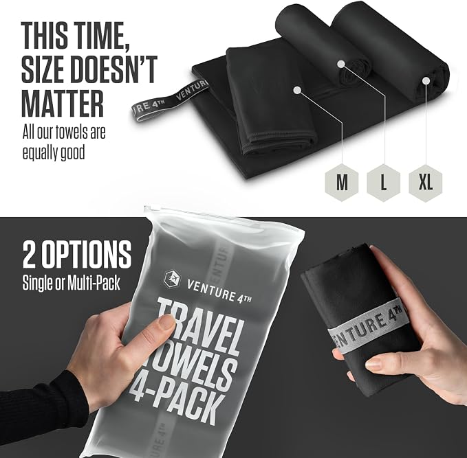 VENTURE 4TH 4-Pack Quick Dry Microfiber Towels - Black Extra Large | Absorbs 7x more than cotton. Fast-drying, odor-resistant microfiber. Lightweight, compact & easy to pack for any trip. - Image 8
