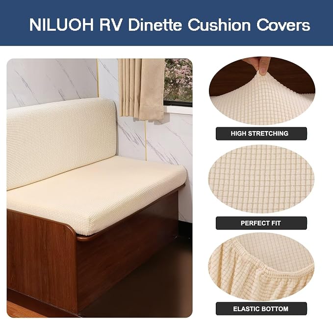 NILUOH RV Dinette Cushion Covers,Jacquard Camper Cushion Slipcovers Replacement Sofa Cushions Washable Loveseat Slipcovers for Travel Trailer Couch (2 Bench Cover & 2 Backrest Cover, Cream) - Image 2