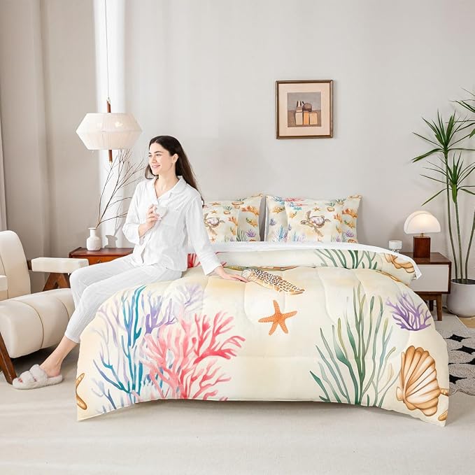 Erosebridal Kids Turtle 7-Piece Bedding Set King Size, Reptile Tortoise Bed in A Bag, Underwater World Sea Animal Comforter Set with Sheets, Lovely Starfish Bedding Comforter Sets - Image 6