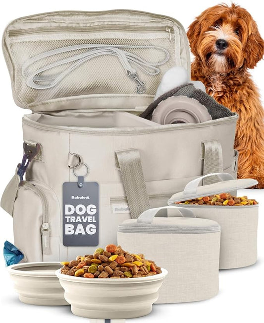 Rubyloo Original Doggy Bag™ Dog Travel Bag for Supplies with Travel Bowls | 2 BPA-Free Collapsible Bowls, 2 Pet Food Containers, TSA-Ready, Road Trips, Camping, Weekend Getaways, Doggy Gift, Beige by Rubyloo