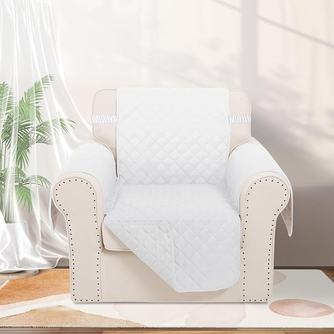 Reversible Recliner Chair Covers, 23" Chair, White/White | Chair Covers for Living Room with Elastic Straps, Water Repellent, Chair Protectors Covers for Dogs - Image 2