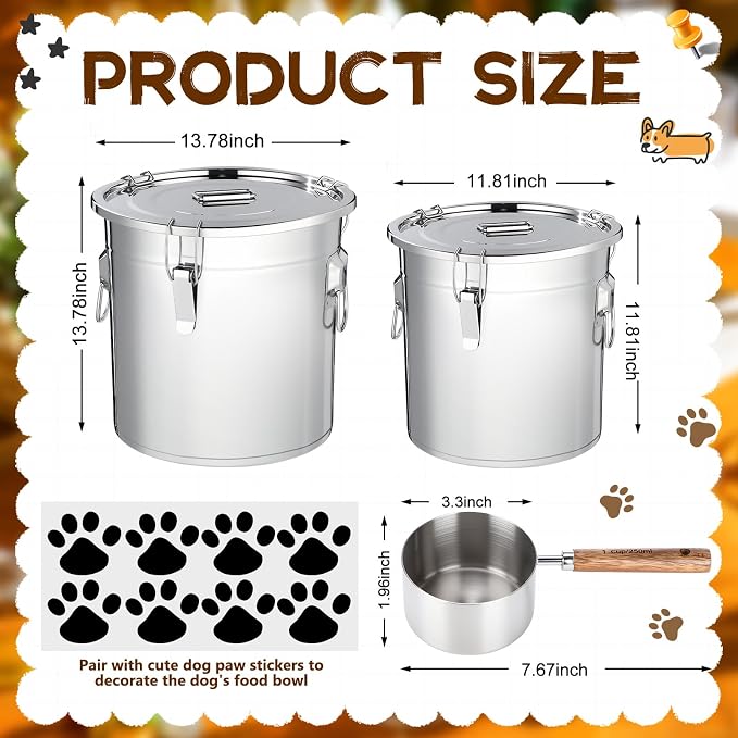 Lounsweer 2 Pack 8.9+5.5 Gal Stainless Steel Dog Food Storage Container with Lid and Locking Clamp 33L+21L Metal Airtight Container Large Stainless Steel Bucket with Food Scoop for Pet Feed - Image 2